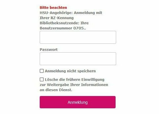 Screenshot der Anmeldemaske von Shibboleth (HSU-Zugang)