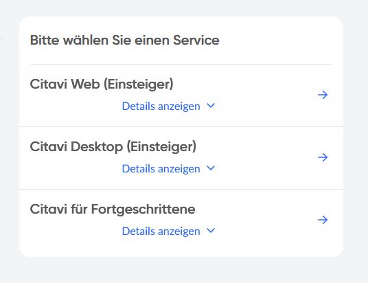 Screenshot von der Auswahl eines Services bei Anny