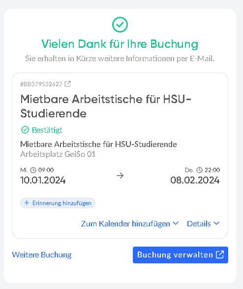 Screenshot der Buchungsbestätigung