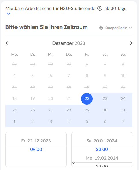 Screenshot des Kalenders zum Auswählen des Zeitraums