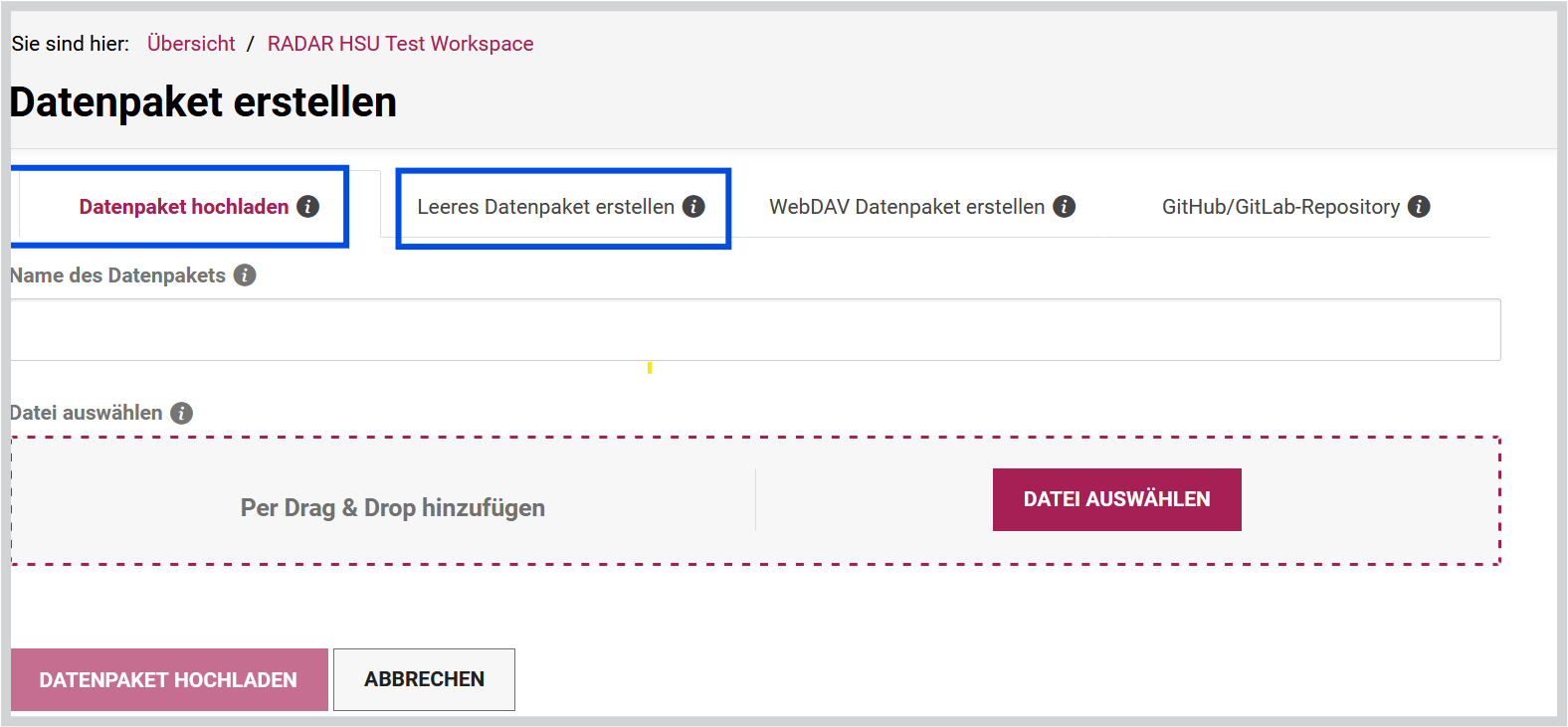 Datenpaket erstellen - Optionen "Datenpaket hochladen" oder "Leeres Datenpaket erstellen"