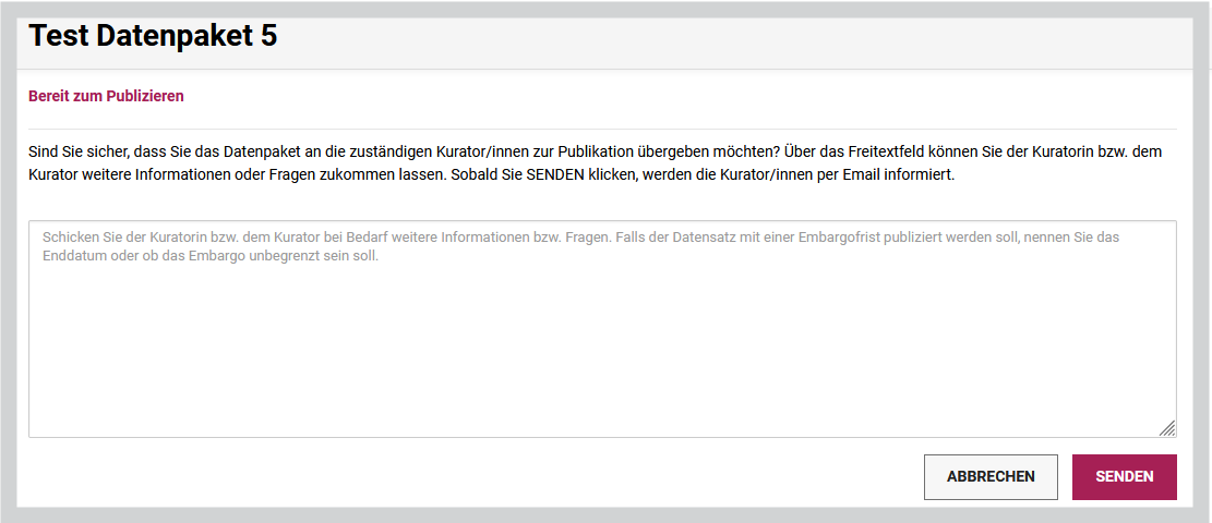 Übergabe eines RADAR Datenpakets an den Kurator