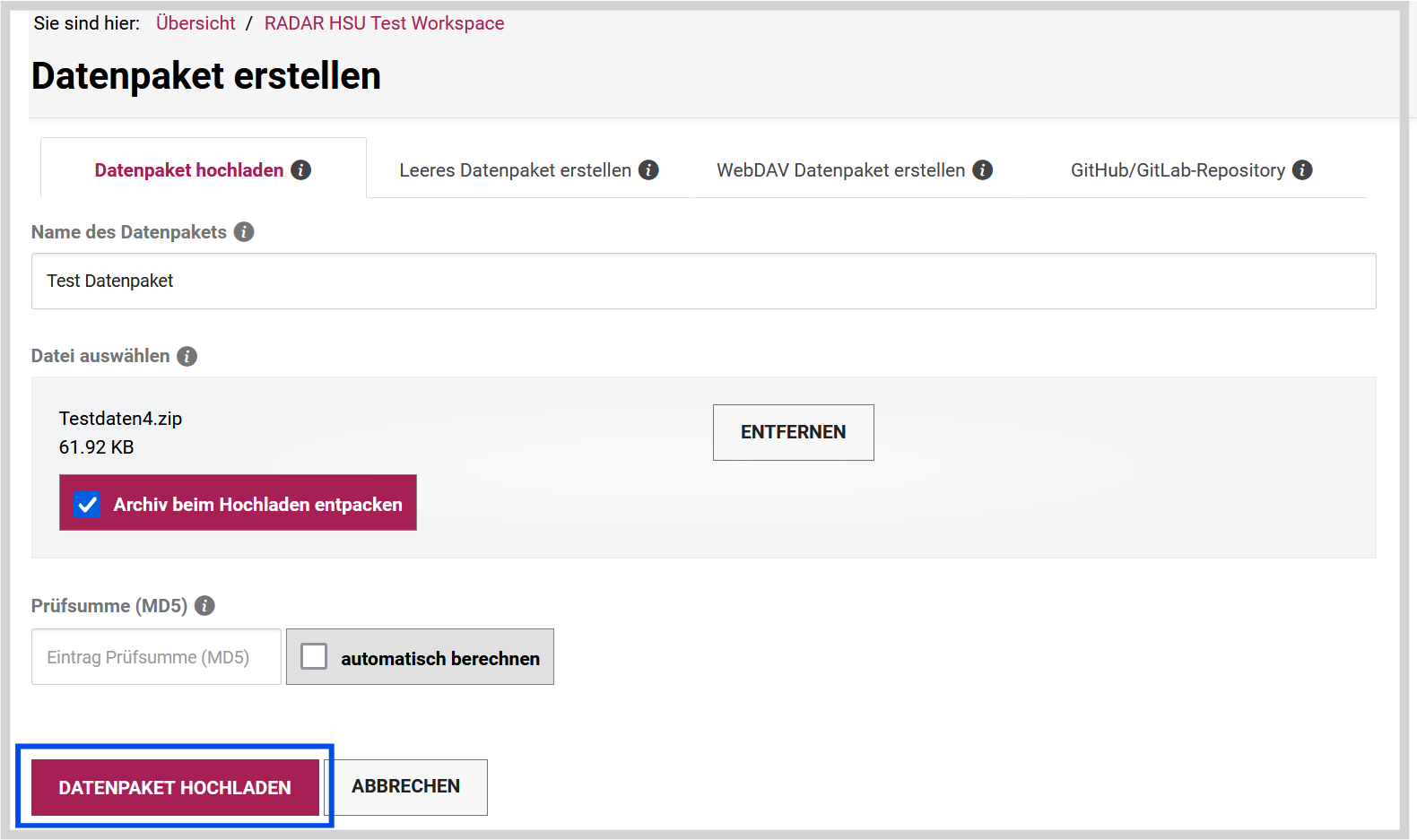 Datenpaket in RADAR anlegen