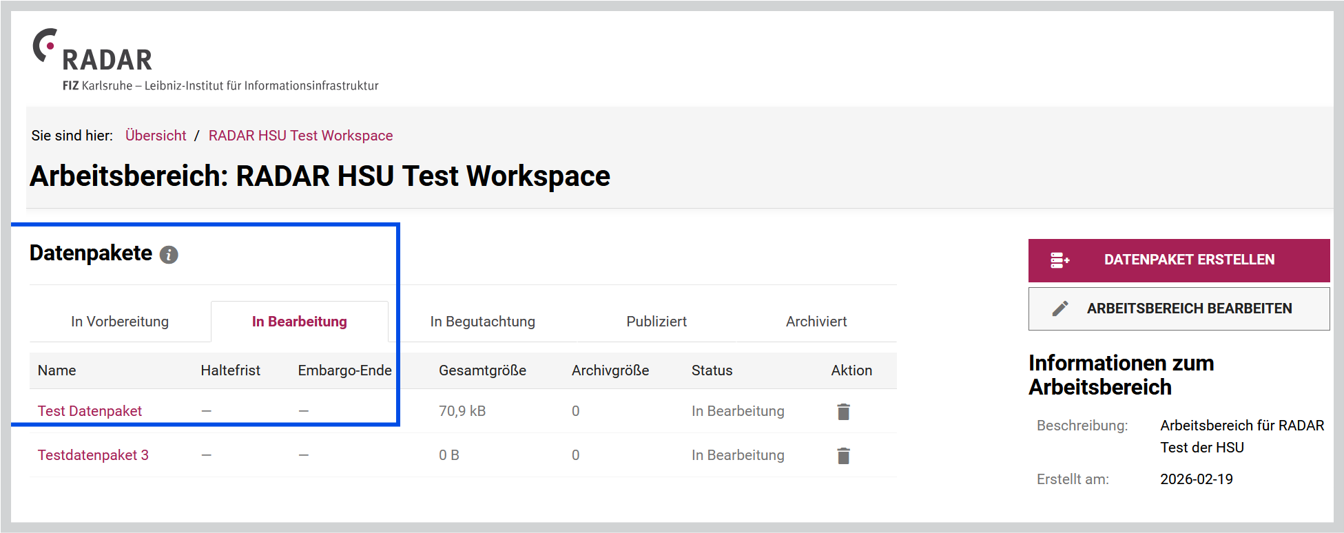 Status Datenpaket "in Bearbeitung" (temporärer Speicher)